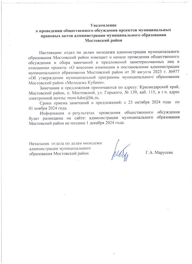 Проект постановления О внесении изменения в постановление администрации муниципального образования Мостовский район от 30 августа 2023 г. №997 «Об утверждении муниципальной программы муниципального образования Мостовский район «Молодежь Кубани»